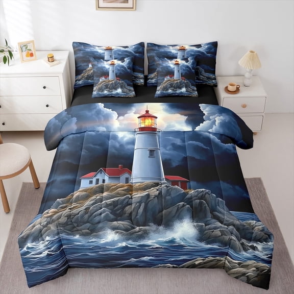 jejeloiu Ocean Lighthouse Bedding Comforter Set 7 Pieces,Sea Waves Full Bedding Set,Red White Blue Fitted Sheet Flat Sheet,Luxury Bedroom Decor Reversible