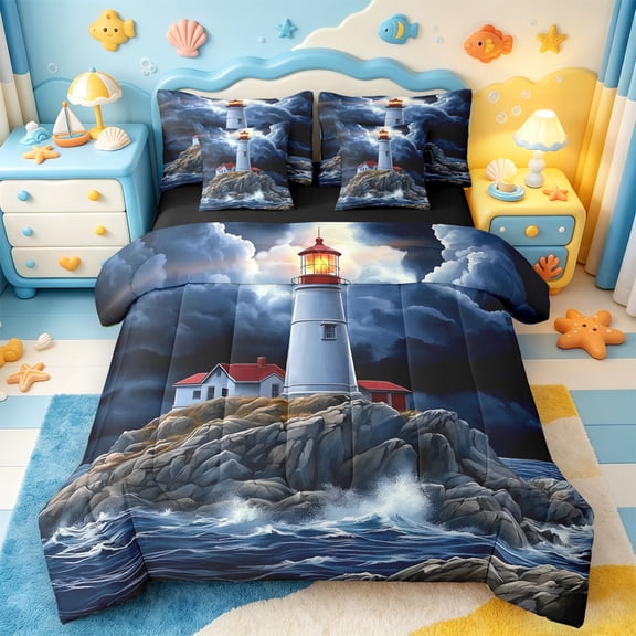 jejeloiu Ocean Lighthouse Bedding Comforter Set 7pcs,Sea Waves Queen Bedding Sets,Red White Blue Queen Sheet Sets,Luxury Bedroom Decor Reversible
