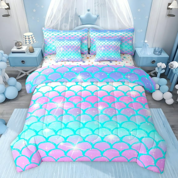 jejeloiu Ocean Mermaid Print 7pcs Bedding Comforter Set,Pink Blue Ombre Queen Bedding Sets For Girls Kids Reversible