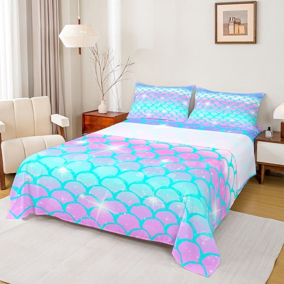 jejeloiu Ocean Mermaid Print Twin Sheet Sets,Pink Blue Ombre Bedding For Girls Kids 3-Piece