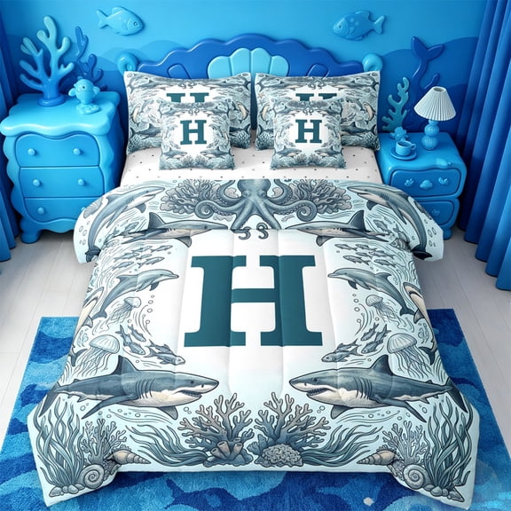 jejeloiu Ocean Monogram Themed 7 Pieces Full Size Bedding Sets,Watercolor Sea Life Shark Full Size Bed in a Bag For Boys,Reversible