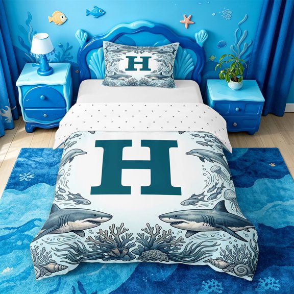 jejeloiu Ocean Monogram Themed Twin Duvet Cover,Watercolor Sea Life Shark Twin Bedding For Boys,Reversible,2pcs,1 Duvet Cover and 1 Pillowcase