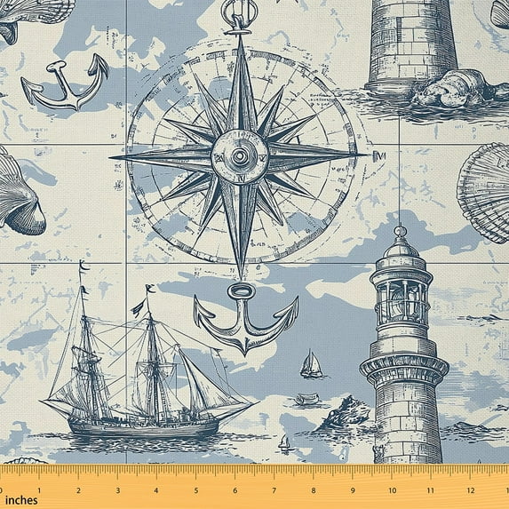 jejeloiu Ocean Nautical Fabric by the Yard 1 Yard,Retro Sailboat Lighthouse Home Decor Fabric by the Yard,Vintage Ship Anchor Sewing Fabric For Child,Ultra Soft Home Decor