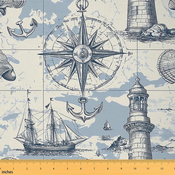 jejeloiu Ocean Nautical Fabric by the Yard 2 Yards,Retro Sailboat Lighthouse Room Decor Fabric by the Yard,Vintage Ship Anchor Fabric for Sewing For Child,Ultra Soft Home Decor