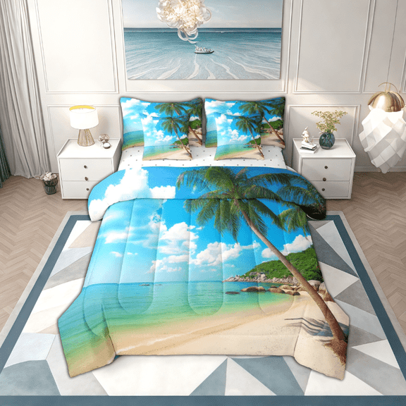 jejeloiu Ocean Sea Beach Twin Bedding Sets 7-Piece,Hawaii Summer Holiday Bedding Comforter Set,Green Tropcal Coconut Sheet Sets For Boys Teens,Luxury Bedroom Decor
