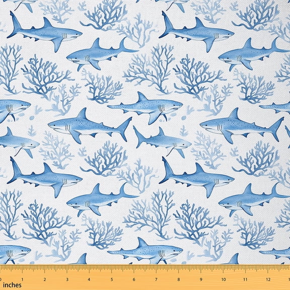 jejeloiu Ocean Shark Coral Fabric by the Yard 2 Yards,Sea Aniaml Room Decor Fabric by the Yard,Blue White Fabric for Sewing For Boys Kids,Microfiber Bedroom Decor