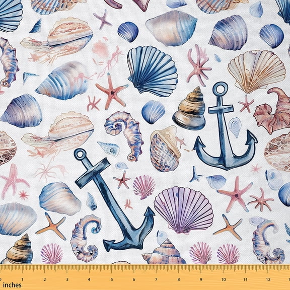 jejeloiu Ocean Ship Anchor Fabric by the Yard 1 Yard,Sealife Shell Starfish Home Decor Fabric by the Yard,Nautical Theme Sewing Fabric For Voys Teens,Luxury Bedroom Decor