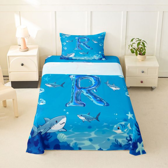 jejeloiu Ocean Style Personalized Monogram R Twin Sheet Sets For Kids,Sea Life Shark Initial Design Bedding,3-Piece