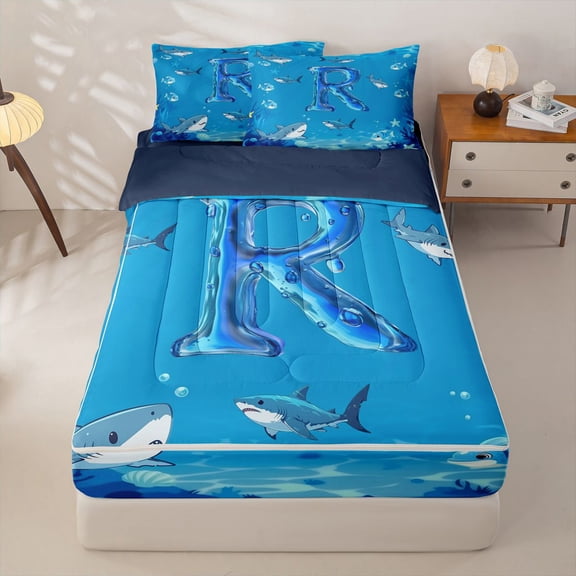 jejeloiu Ocean Style Personalized Monogram R Zipper Full Size Comforter Sets with Fitted Sheet and 2 Pillowcases,Sea Life Shark Initial Design Zipper Bedding Set,Navy Blue Reversible,4 Pieces