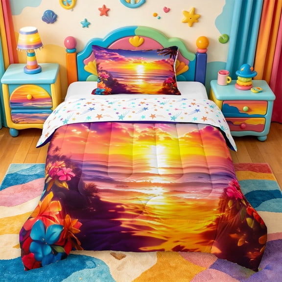 jejeloiu Ocean Sunset Waves Twin Comforter Sets For Girls,Tropical Flower Accent Bedding Set,Purple Orange,Colorful Stars Reversible,2 Pieces,1 Comforter and 1 Pillowcase