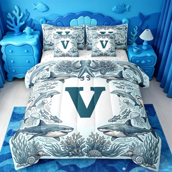 jejeloiu Ocean Theme Letters 7 Pieces Full Size Bedding Sets For Men,Personalized Monogrammed V Pattern Full Size Bed in a Bag For Boys,Reversible