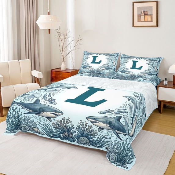 jejeloiu Ocean Theme Letters Bed Sheets For Men,Personalized Monogrammed L Pattern Full Size Sheets For Boys,4 Pieces,1 Flat Sheet, 1 Fitted Sheet and 2 Pillowcases