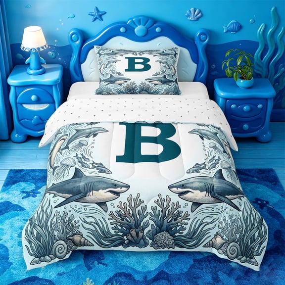 jejeloiu Ocean Theme Letters Twin Comforter Sets For Men,Personalized Monogrammed B Pattern Bedding Set For Boys,Reversible,2pcs,1 Comforter and 1 Pillowcase