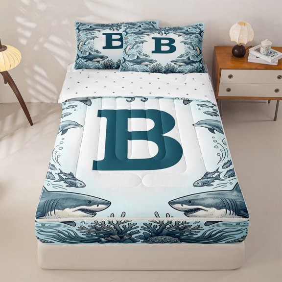 jejeloiu Ocean Theme Letters Zipper Twin Comforter Sets with Fitted Sheet and 2 Pillowcases For Men,Personalized Monogrammed B Pattern Zipper Bedding Set For Boys,Reversible,4 Pieces