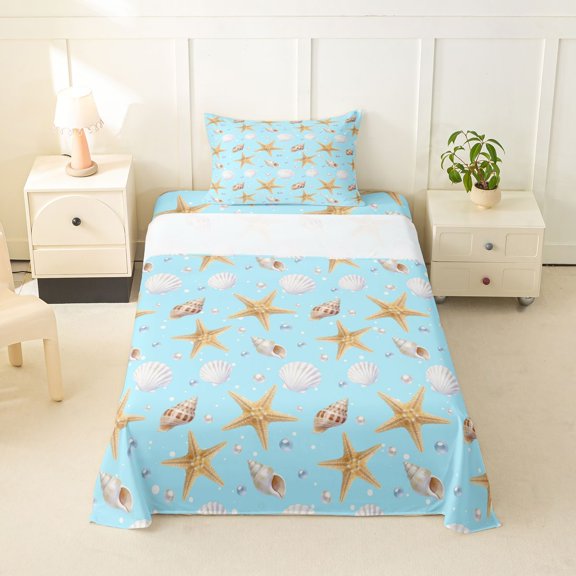 jejeloiu Ocean Theme Twin Sheet Sets Kids,Cute Starfish Seashell Bedding For Girls,3-Piece