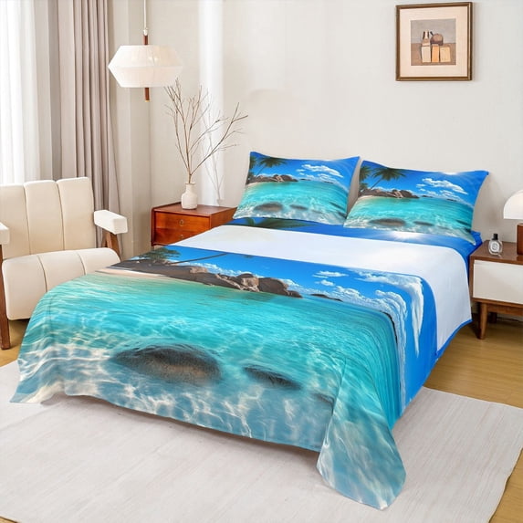 jejeloiu Ocean Themed Bed Sheets,Tropical Coconut Tree Full Size Sheets For Boys,Blue Beige,4pcs,1 Flat Sheet, 1 Fitted Sheet and 2 Pillowcases