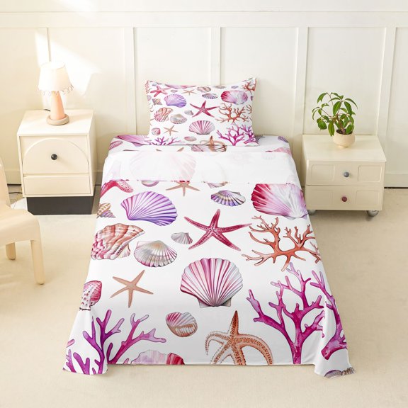 jejeloiu Ocean Themed Seashell Twin Sheets For Girls,Starfish Coral Print Bedding,Pink White,3 Pieces,1 Fitted Sheet and 1 Pillowcase
