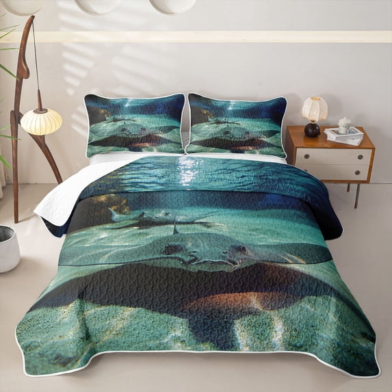 jejeloiu Ocean Themed Stingray Twin Quilt Set,Underwater Scene Twin Coverlet Set For Boys,Teal Black,2pcs