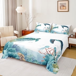 jejeloiu Ocean Turtle Jellyfish Twin Sheet Sets,Sea Aniaml Twin Fitted Sheet,Watercolor Coral Flat Sheet For Boys Kids,Microfiber Bedroom Decor,3-Piece