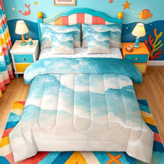 jejeloiu Ocean Wave 7 Pieces Full Size Bedding Sets,Beach Sand Full Size Bed in a Bag For Boys,Blue Beige,Reversible
