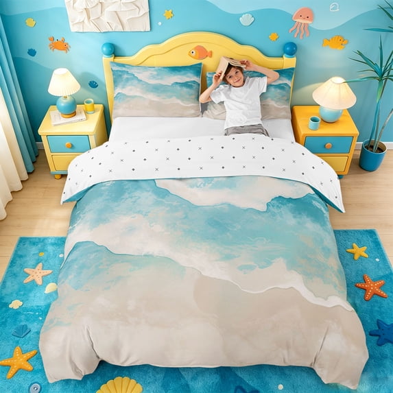 jejeloiu Ocean Wave Bedding,Beach Sand Duvet Cover Full For Boys,Blue Beige,Reversible,3-Piece,1 Duvet Cover and 2 Pillowcases