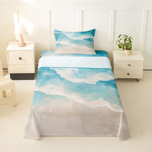 jejeloiu Ocean Wave Twin Sheets,Beach Sand Bedding For Boys,Blue Beige,3pcs,1 Fitted Sheet and 1 Pillowcase