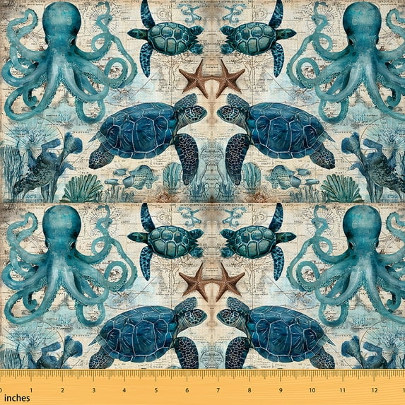 jejeloiu Octopus Turtle Starfish Fabric by the Yard 5 Yards,Sea Aniaml Fabric for Sewing,Blue Brown Home Decor Fabric by the Yard For Boys Kids,Microfiber Bedroom Decor