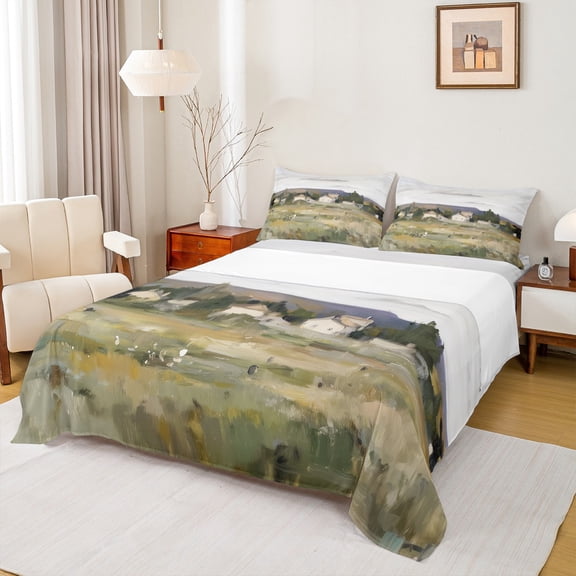 jejeloiu Oil Painting Aesthetic Bed Sheets,Rustic Western Cabin King Sheets,Green Whte Sheet Set For Men Women,Super Cozy Room Decor,4pcs