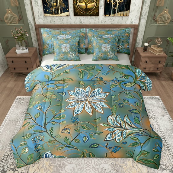 jejeloiu Oil Painting Artwork 7-Piece Bedding Comforter Set,Vintage Flower King Bedding Sets,Green Blue Ombre Bed Sheets For Men Women,Ultra Soft Home Decor Reversible