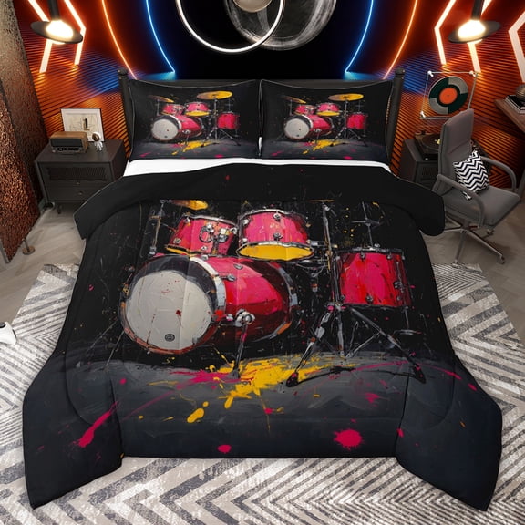 jejeloiu Oil Painting Drum Kit Twin Comforter Sets,Rock Music Instrument Bedding Set For Boys Kids Reversible 2-Piece