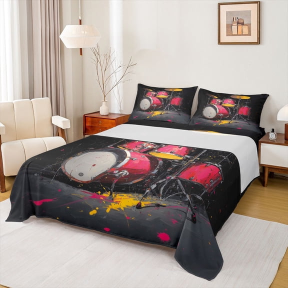 jejeloiu Oil Painting Drum Kit Twin Sheet Sets,Rock Music Instrument Bedding For Boys Kids 3-Piece