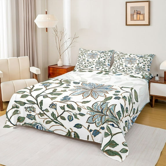 jejeloiu Oil Painting Floral Bed Sheets,Retro Rustic Flower King Sheets,White Green Sheet Set For Girl,Luxury Bedroom Decor,4-Piece