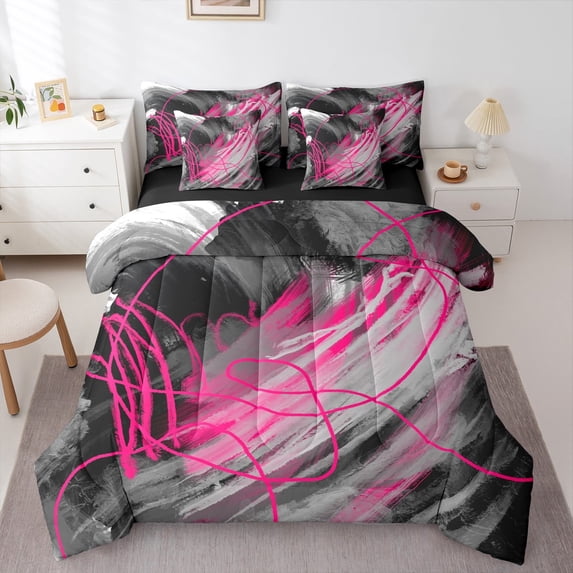 jejeloiu Oil Painting Ombre Twin Bedding Sets 7-Piece,Pink Geometric Stripes Bedding Comforter Set,Modern Abstract Minimalist Sheet Sets For Girl,Microfiber Room Decoration Reversible