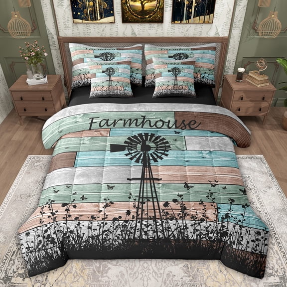 jejeloiu Old Barn Door 7pcs Bedding Comforter Set,Rustic Farmhouse Windmill Queen Bedding Sets For Adults Reversible