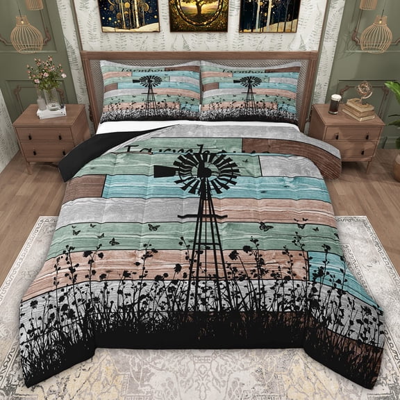 jejeloiu Old Barn Door Twin Comforter Sets,Rustic Farmhouse Windmill Bedding Set For Adults Reversible 2 Pieces