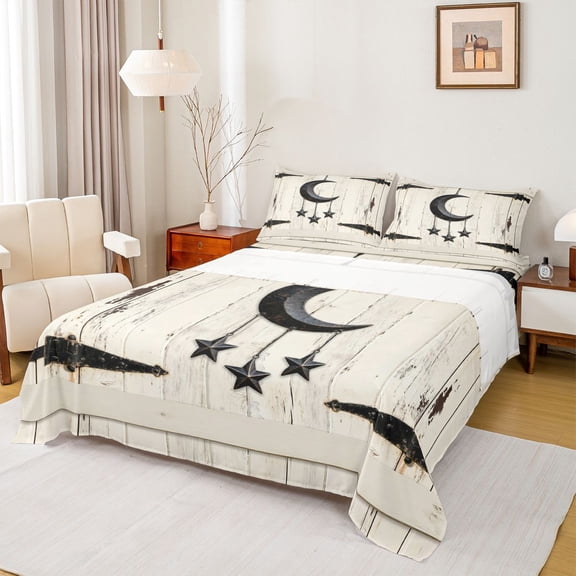 jejeloiu Old Wooden Plank Twin Sheet Sets,Cartoon Moon Stars Bedding For Girls Boys 3pcs