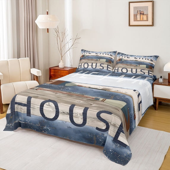 jejeloiu Old Wooden Planks Bed Sheets,Lake House King Sheets For Men Women 4pcs