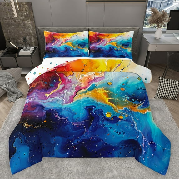 jejeloiu Ombre Fluid Abstract Full Size Comforter Sets,Metallic Texture Print Bedding Comforter Set,Watercolor Aesthetic Bedding Sets For Kids,Microfiber Bedroom Decor Reversible,3 Pieces