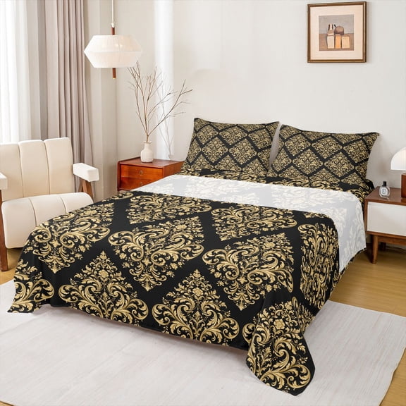 jejeloiu Opulent Damask Queen Sheets,Gold Print Queen Sheet Sets For Adults,Black Gold,4pcs,1 Flat Sheet, 1 Fitted Sheet and 2 Pillowcases