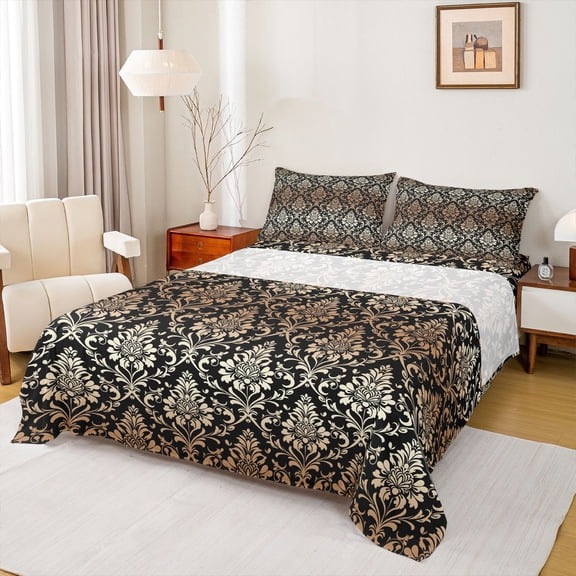 jejeloiu Opulent Damask Queen Sheets,Vintage Print Queen Sheet Sets For Adults,Black Gold,4-Piece,1 Flat Sheet, 1 Fitted Sheet and 2 Pillowcases