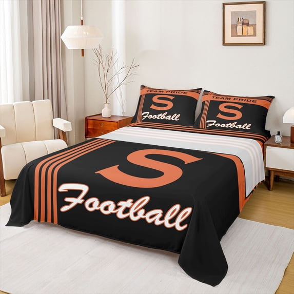 jejeloiu Orange Black Initial S Bed Sheets For Boys,Football Sport City King Sheets For Kids,4 Pieces