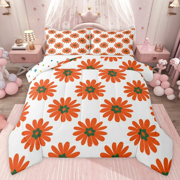 jejeloiu Orange Daisy Queen Comforter Set,Rustic Floral Flowers Bedding Comforter Set For Girls Teens Reversible 3-Piece