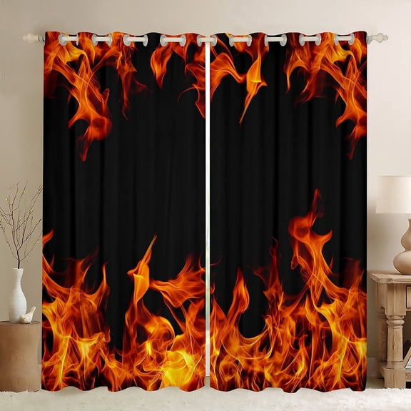 jejeloiu Orange Flame Black Out Curtains,3D Fire Curtains Pack of 2 (42x63 Each),Cool Flames Bedroom Curtains For Boys,Breathable Bedroom Decorative