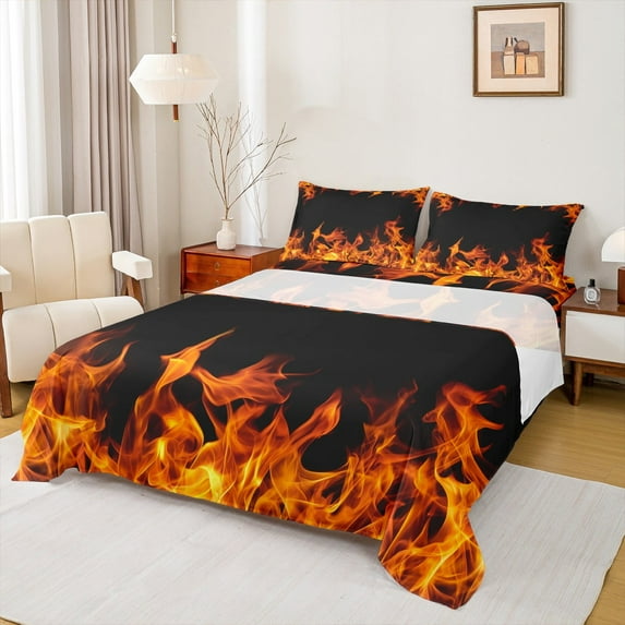 jejeloiu Orange Flame Full Size Sheets,3D Fire Bed Sheets,Cool Flames Sheet Sets For Boys,Breathable Bedroom Decorative,4-Piece