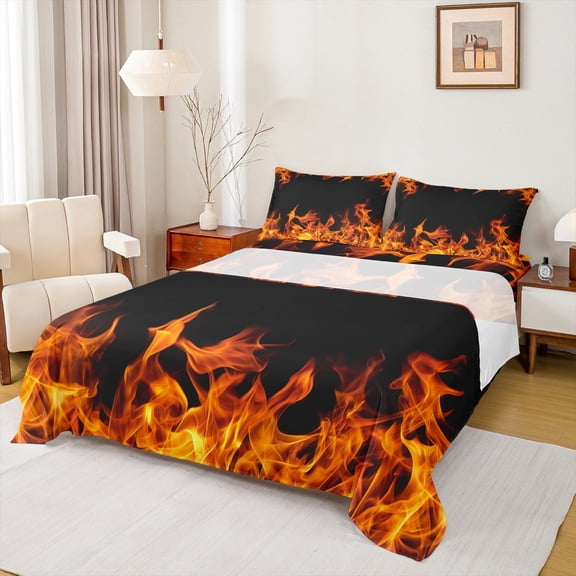 jejeloiu Orange Flame Full Size Sheets,3D Fire Bed Sheets,Cool Flames Sheet Sets For Boys,Breathable Bedroom Decorative,4-Piece