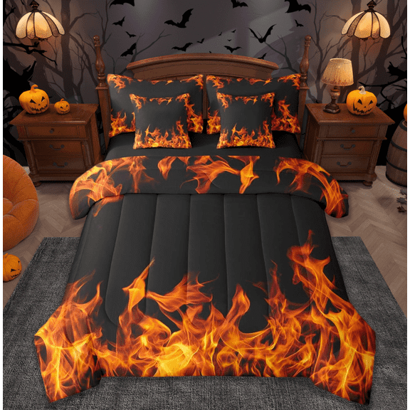 jejeloiu Orange Flame Twin Bedding Sets 7-Piece,3D Fire Bedding Comforter Set,Cool Flames Sheet Sets For Boys,Breathable Bedroom Decorative Reversible