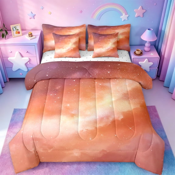 jejeloiu Orange Galaxy Star 7-Piece Twin Bedding Sets Kids,Magical Sky Pattern Bedding Comforter Set For Girls,Reversible