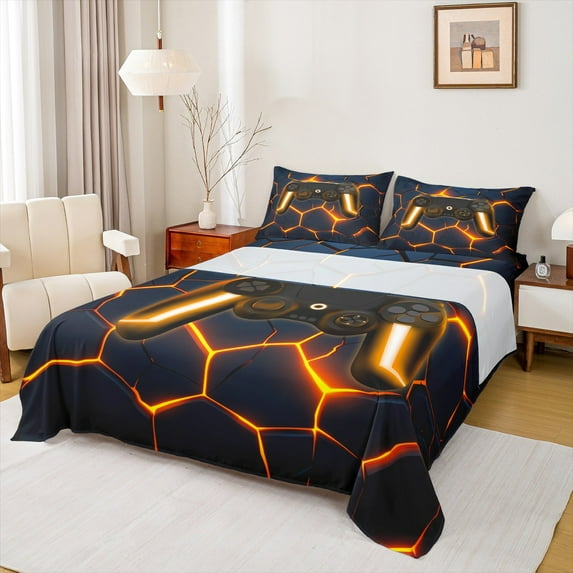 jejeloiu Orange Game Console Queen Sheet Sets,Gamer Gaming Flat Sheet,Modern Geometric Honeycomb Queen Fitted Sheet For Boys Kids,Breathable Bedroom Decorative,4 Pieces