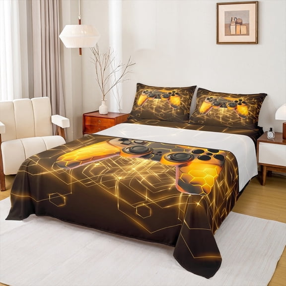 jejeloiu Orange Gamepad Twin Sheet Sets,Modern Video Game Twin Fitted Sheet,Gaming Gamer Flat Sheet For Girl Kids,Super Cozy Bedroom Decor,3pcs