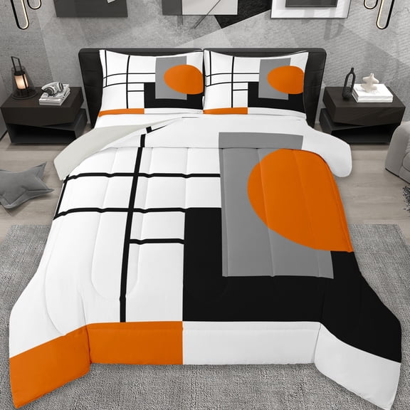 jejeloiu Orange Geometric Square Bedding Comforter Set,Patchwork Grid Design Twin Comforter Sets,Abstract Geometric Buffalo Bedding Set,Lghtweight Bedroom Decorative Reversible,3 Pieces